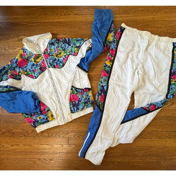 Vintage Dresses & Skirts - Vintage Womens' 80s/90s Floral Nylon Tracksuit Size M/L
